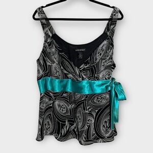 LANE BRYANT Y2K Babydoll Black/white print crossover tank with teal satin tie 18